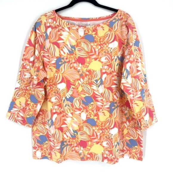 Talbots Tee 3/4‎ Sleeve Boat Neck Shirt Knit Stretch Floral Orange Size 2X - Picture 1 of 9